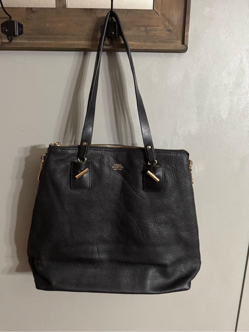 Vince Camuto Black Leather Shoulder Tote with Gold Hardware